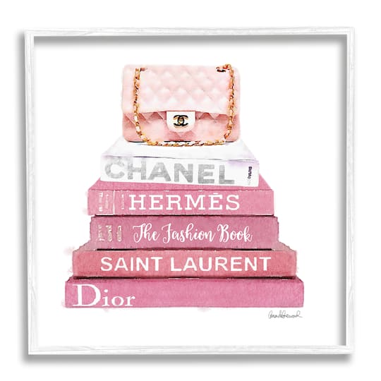 Stupell Industries Pink Book Stack Fashion Handbag in White Frame Wall Art